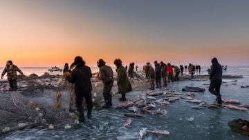 Lake Ice Fishing Work Sunrise Sky 