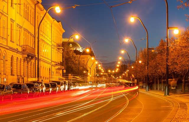 Prague Czech Republic Night Lights orange street lights
